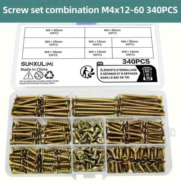 340pcs M4 Flat Head Wood Screw Set